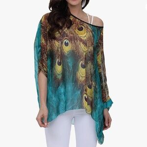 BUY 2 ITEMS GET 1 FREE - Sheer Chiffon Blouse in Peacock Design, OS